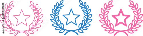 Three star emblems with laurel wreaths in pink and blue