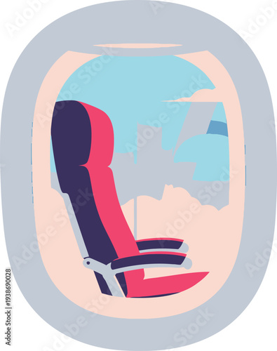 Oval illustration of a red and purple chair on a beach