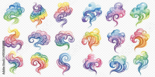Set of colorful watercolor smoke or steam clouds, abstract rainbow-colored fluid shapes on transparent background.