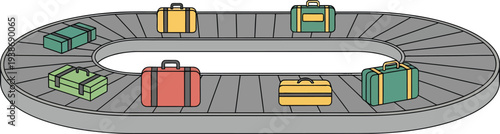 A toy train track with colorful suitcases on a gray oval shaped railway