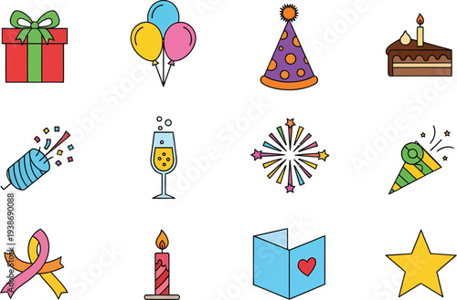 Birthday party icons and symbols illustration