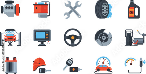 Collection of car repair and maintenance icons and symbols