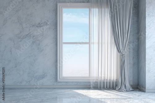 Bright interior space features large window with sheer and solid drapery