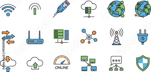 Collection of modern technology and internet related icons and symbols