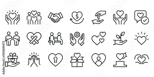 Charity and Donation Line Icons Set – Love, Helping Hands, Support, Volunteer, Community Care Outline Vector Collection