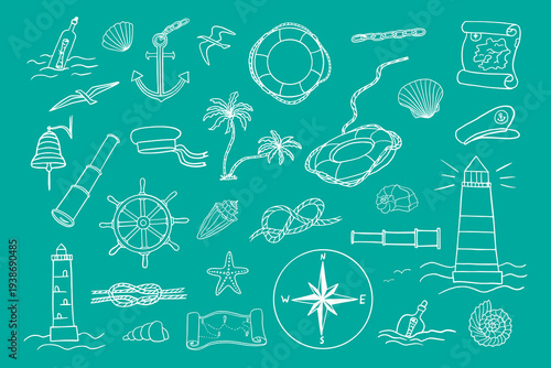 Big set of nautical theme in doodle style. Adventure, travel, summer. Isolated on blue background