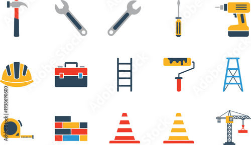 Collection of construction and handyman tools and equipment icons