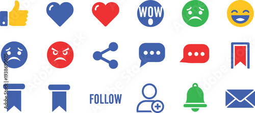 A collection of colorful social media icons and emoticons