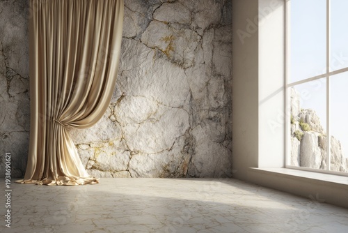 Interior space features a luxurious draped fabric beside a rough stone wall and large window overlooking rugged terrain.