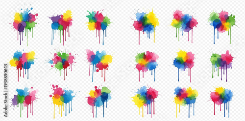 Set of colorful watercolor paint splashes and drips on a transparent background, vibrant abstract design elements for creative projects.