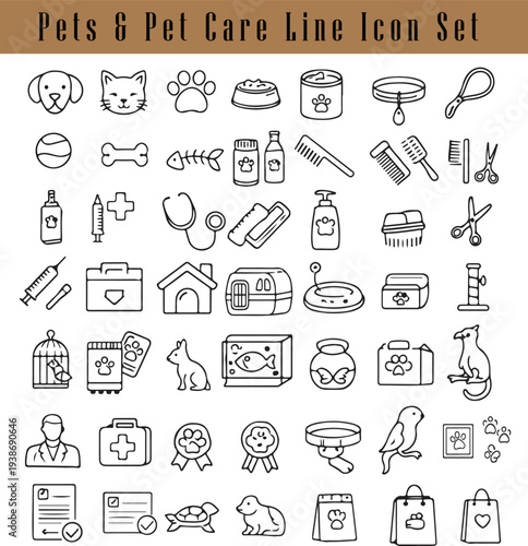 Minimal Thin Line Pets and Pet Care Icons Collection – Dog, Cat, Paw Print, Vet Clinic, Grooming and Pet Accessories Vector Set