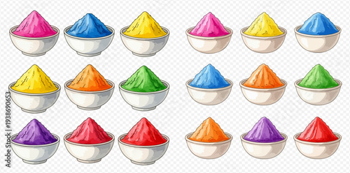 Vibrant collection of colorful Holi powder in bowls, perfect for festive celebrations and cultural designs.