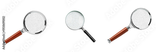 Set of Professional Magnifying Glasses with Wooden and Black Handles for Investigation and Precision Design Elements Isolated on White Background PNG