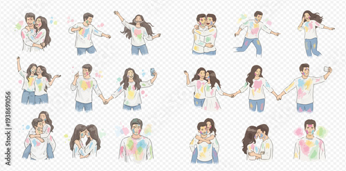 Set of happy young couples celebrating Holi festival with colorful powder splashes, vector illustration.