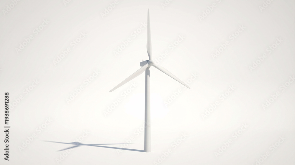 Fototapeta premium A solitary wind turbine stands tall against a clean white background, casting a long shadow, symbolizing clean energy and sustainability