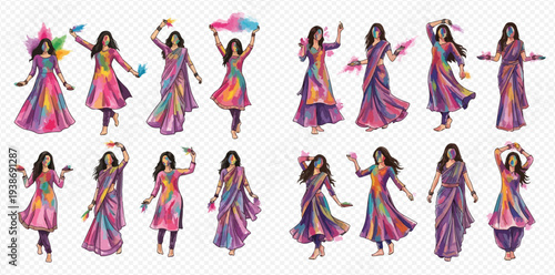 Set of women dancing in colorful traditional Indian dresses, celebrating a festival with joy and movement.