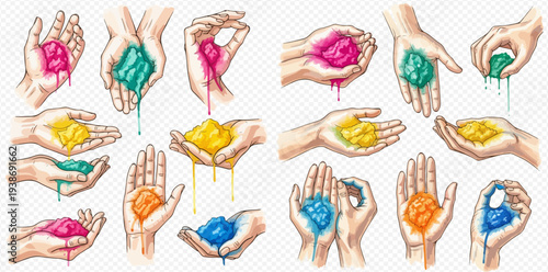 Set of hands holding colorful slime and goo, showing different textures and movements.