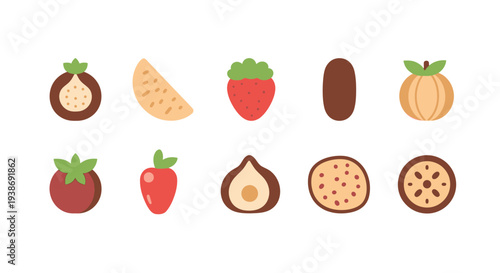 Colorful assortment of minimalist vector fruit illustrations featuring whole and cut designs of healthy produce like strawberries, mangosteen, figs, and melon in a cheerful flat graphic style