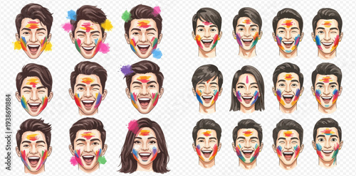 Set of diverse people celebrating Holi festival with colorful powder on their faces, expressing joy and excitement.