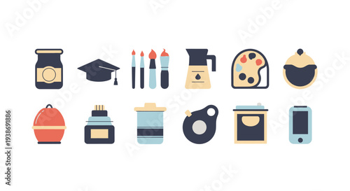 Set of artistic and educational icons, including art supplies, graduation cap, and stationery items for creative projects and learning