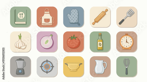 A collection of flat design kitchen and cooking icons featuring various utensils, ingredients, and appliances in a pastel color palette.