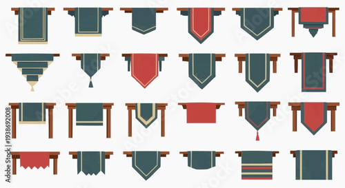 Diverse array of stylish tables with various decorative tablecloths. Each table is unique, showcasing a mix of colors and designs