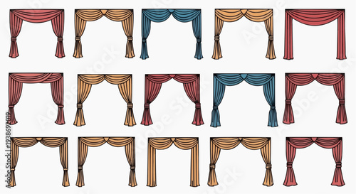 Variety of Colorful Decorative Drapes, each one with elegant swags, folds, and unique textures. The curtains are presented in a diverse palette of rich hues and classic designs.