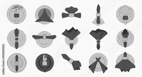 A creative flat lay of napkin display setting. The elegant presentation showcases various folds on plates in a stylish, monochromatic composition