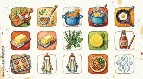 A vibrant collection of watercolor illustrations depicting various culinary ingredients and cooking processes.
