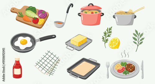 A vibrant collection of kitchen utensils, fresh ingredients, and a prepared meal, showcasing the art of cooking and culinary preparation.