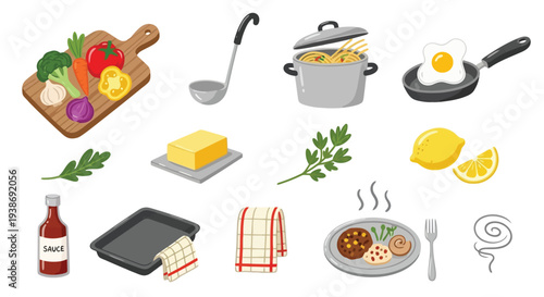 A vibrant collection of kitchen utensils, fresh ingredients, and prepared meals, showcasing the art of cooking and culinary presentation.