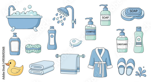Cartoon illustration of various blue and light green bathroom essentials including a bathtub, shower, soap, shampoo, towels, bathrobe, and slippers.