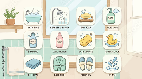 A charming collection of bathroom essentials and activities illustrated in a clean, cartoonish style, perfect for a children's book or educational material.