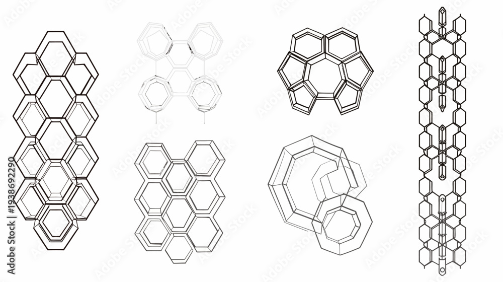 Obraz premium A collection of stylized, geometric structures composed of interconnected hexagonal shapes, varying in arrangement