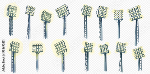 Set of stadium spotlights or floodlights for sports arenas and concert stages, isolated on transparent background.