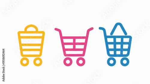 Three colorful shopping cart icons arranged horizontally on a white background. Each has a unique design