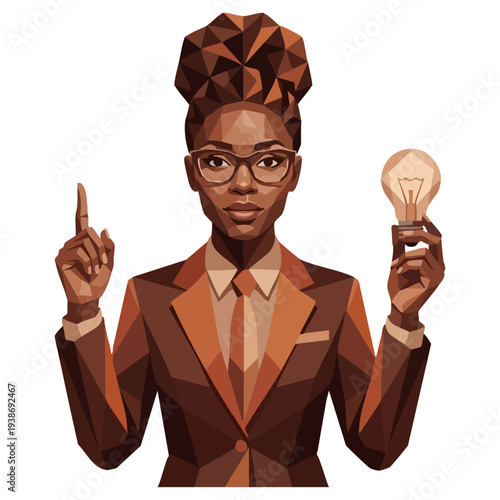 Professional black woman entrepreneur holding light bulb low poly illustration. Geometric businesswoman with idea symbol, pointing finger. Abstract vector portrait of confident female leader in suit