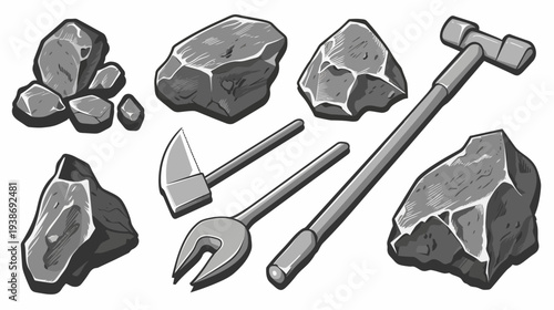 Monochrome illustration of rocks and tools, like a hammer, pickaxe, and rock splitter