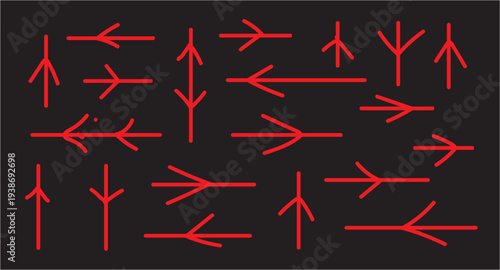 A collection of red arrows pointing in various directions on a black background with a neon like effect