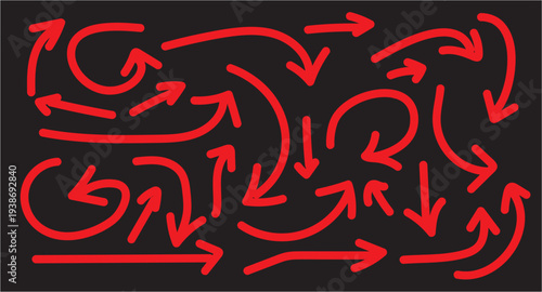 A complex composition of red arrows on a black background forming a dynamic and intricate pattern of directional movements