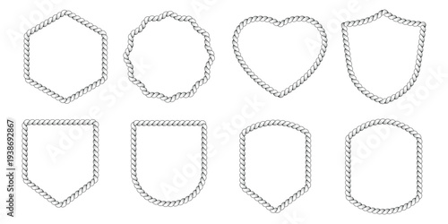 Collection of eight decorative rope frames in various geometric and shield shapes