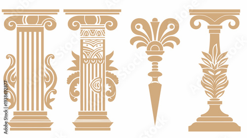 Four ornate columns in beige, each with unique decorative elements. Depicting classical, architectural designs