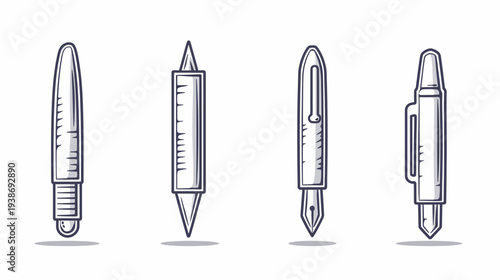 Four different pen types are displayed in a line, isolated on a white background with shadows