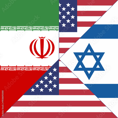 United States, Iran, and Israel flags illustration showing geopolitical rivalry
