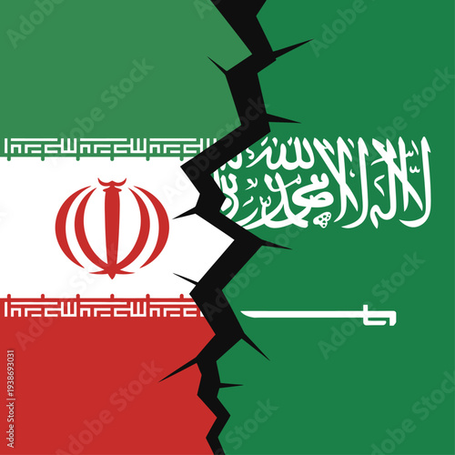 Iran and Saudi Arabia flags cracked illustration symbolizing geopolitical rivalry