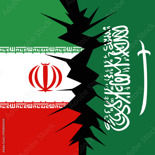 Iran and Saudi Arabia flags cracked illustration symbolizing geopolitical rivalry