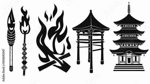 A stylized black and white illustration of symbolic items from Japanese culture