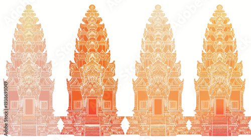 Four stylized renderings of ornate temple structures, in gradients of orange and coral hues