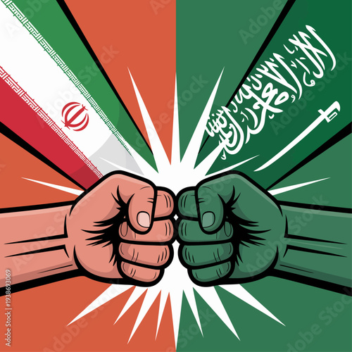 Iran and Saudi Arabia fists clash illustration symbolizing geopolitical rivalry