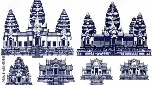 Artistic line-art representations of a historic temple structure, showcasing multiple perspectives